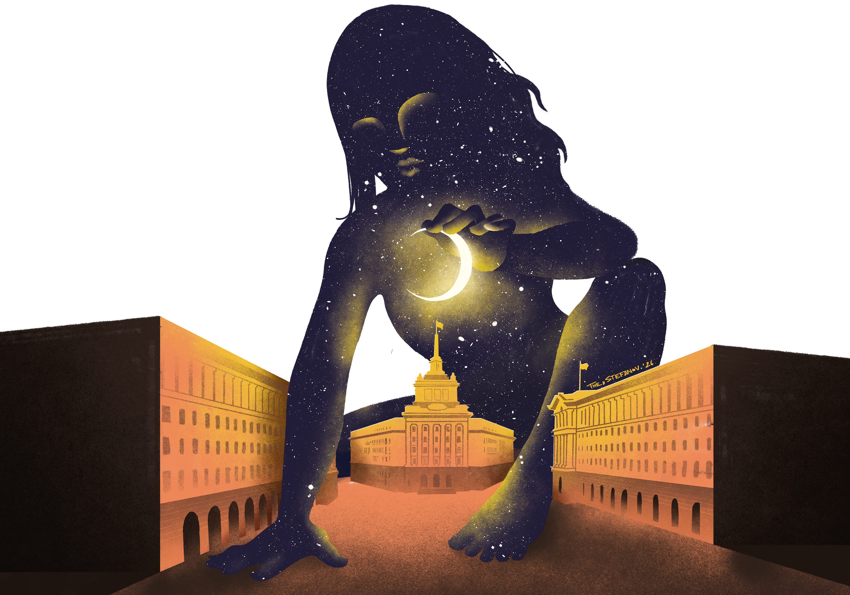 A star-filled silhouette of a woman cradling a crescent moon above the illuminated façades of Sofia's Largo complex
