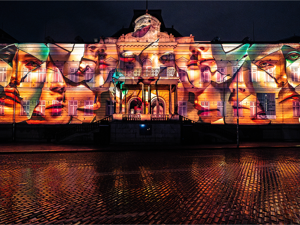 Colourful projection mapping on a monumental Sofia building